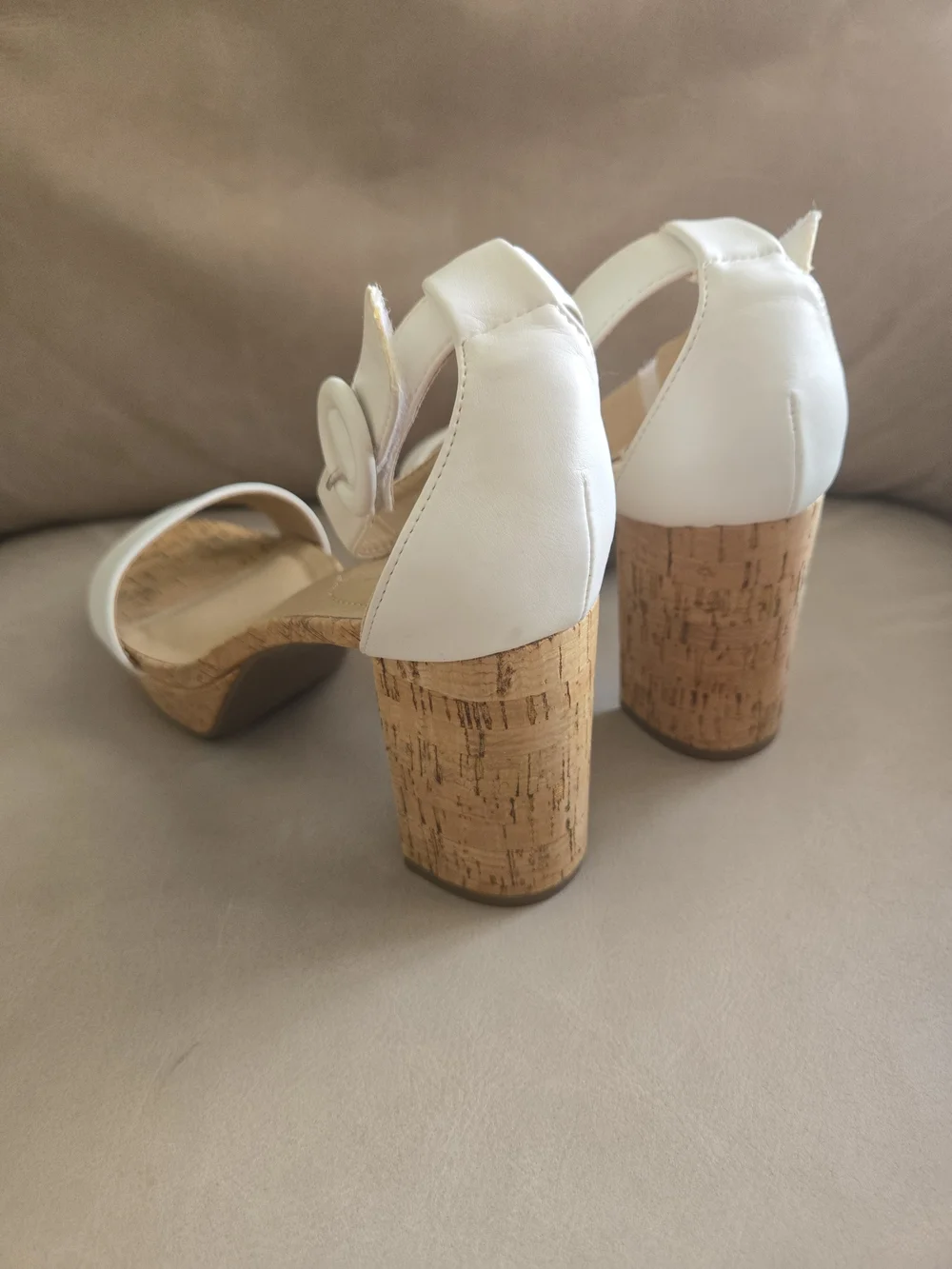 White Cork Block Heel Sandals with Velcro Ankle Strap